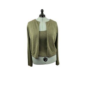 Womens Olive Green Two-Piece Sweater Set  Sleeveless Tank Top & Cardigan  Size M